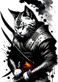 Ink wash cat samurai e541dF