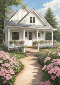 Flower Path Cozy White Cottage