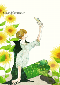 Men, sunflower reading a book.