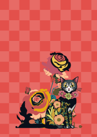 flower cat and flowers on red JP