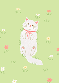 White Cat in Flower Field (Green)