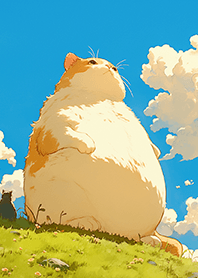 Big cat on the grass, skyward gaze JP