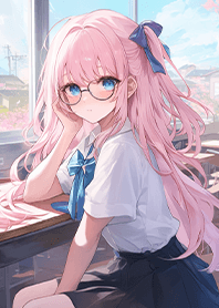 ⭐戴眼鏡的粉色長髮高中女孩❤️
