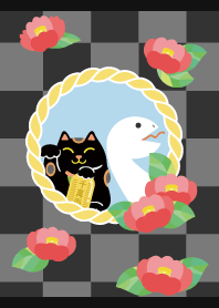 Lucky cat and snake on black JP