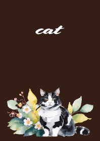 plants and Tuxedo cat on brown