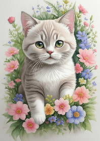 Adorable Tabby Cat Among the Flower Pile