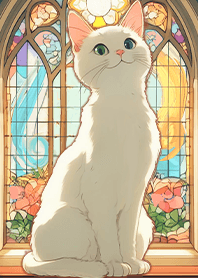 繽紛玻璃彩繪-沐浴彩色陽光的小白貓4.1