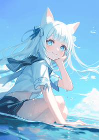 Cute cat girl on the beach 3