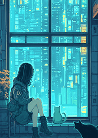 neon city Girl and Cat 7.8