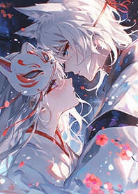 White fox lovers under cherry blossoms