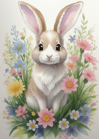 花朵海裏的可愛小兔子