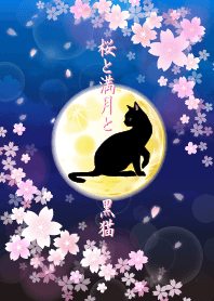 Sakura, full moon and black cat