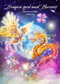 Full moon dragon god and phoenix