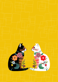 floral cats on yellow