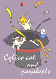 Calico cat and parakeets
