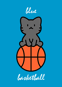 black cat sitting on a basketball blue.