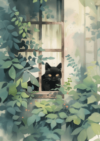 Cute black cat outside the window