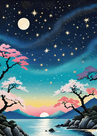 Starry sky, sea and lake, Ukiyo-e 7765