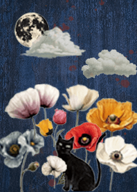 Gato preto vintage e flores