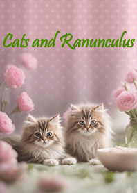 Cats and Ranunculus - pink polka dot