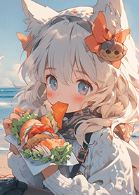 在海邊野餐的可愛貓咪女孩❤