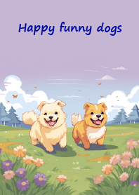 Happy funny dogs in the purple garden