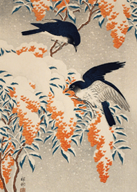 小原古邨《瑠璃鳥二羽と南天》