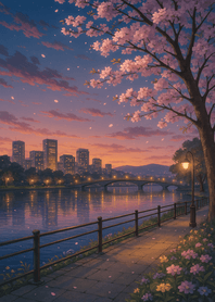 Sakura Riverside Evening Glow