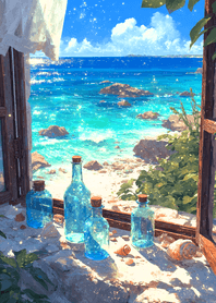 米色 白色窗邊的夏日海景