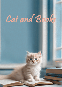 Cat and Books2 - Light blue & Pink beige