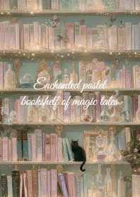 Enchanted pastel bookshelf of magic tale