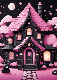 Happy house, black, pink, cute