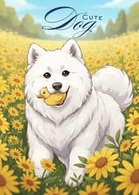 Fluffy Samoyed Dog in Flower Field