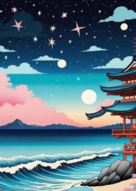 Starry sky, sea and lake, Ukiyo-e bcfF