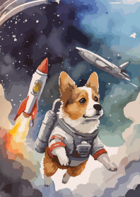 Dog astronaut on red & yellow