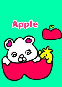 It is a bear and chic5 apple