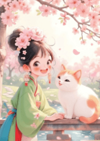 女孩和猫在樱花下 V.2