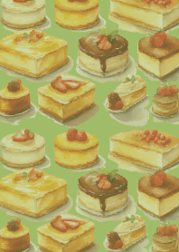 Lots of cakes on moss green
