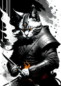Ink wash cat samurai fF2227