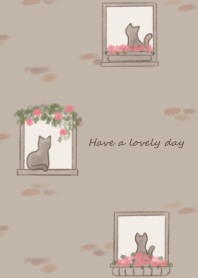 Cat and flower by the window -pink- 2