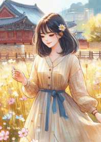 yellow flower field girl