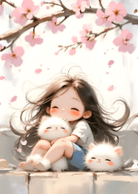 女孩和猫在樱花下 V.1