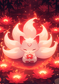 Little fox guards red lotus lake