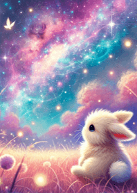 Fluffy white bunny with night sky