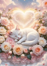 Cute white cat in a flower garden