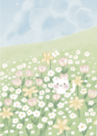 Happy cat in flower field (Green)
