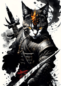 Ink wash cat samurai 3512bC