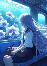 girl sitting on a train anime