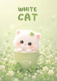 Lovely White Cat In Green Clover