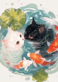 Two Cats Among Koi in a Quiet Dream